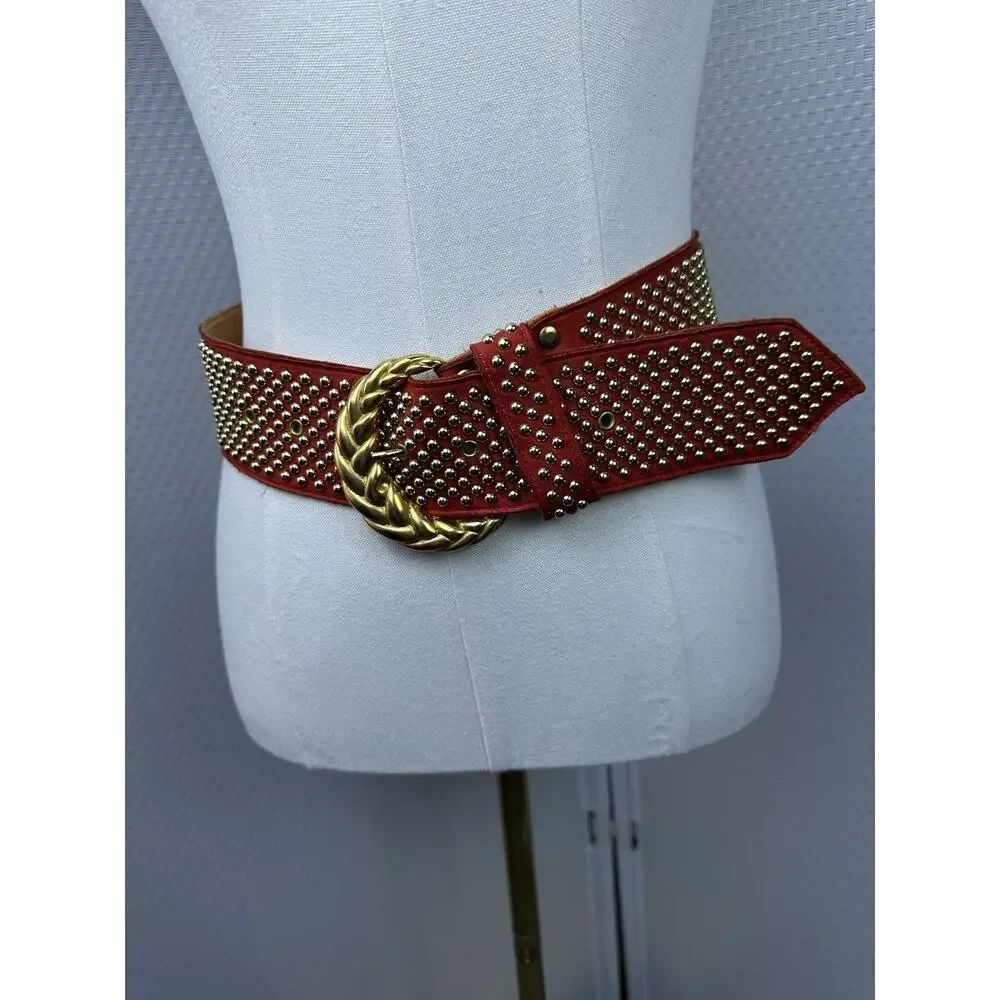 SAND CASTLE Vtg Studded Orange 1980s Leather Belt Women's small (23”-30”)